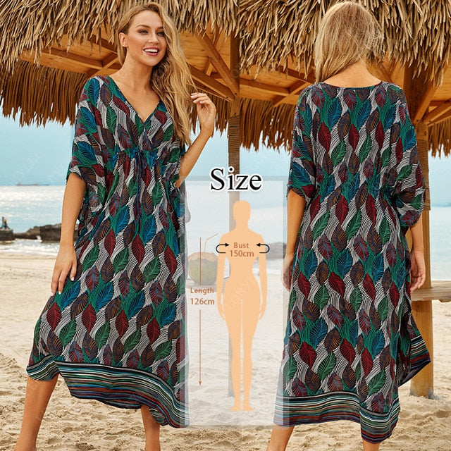 Bohemian Printed Kaftan Women Beachwear Cotton Tunic Beach Cover up