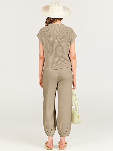 ANRABESS Women's Two Piece Outfits Sweater Sets Knit Pullover Tops and Casual Pants Tracksuit Matching Sets Loungewear 2023 Summer Fashion Clothes Sweat Suit 953qiankaqi-M Khaki White
