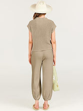 ANRABESS Women's Two Piece Outfits Sweater Sets Knit Pullover Tops and Casual Pants Tracksuit Matching Sets Loungewear 2023 Summer Fashion Clothes Sweat Suit 953qiankaqi-M Khaki White