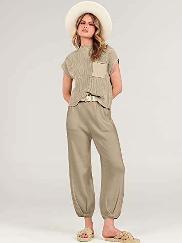 ANRABESS Women's Two Piece Outfits Sweater Sets Knit Pullover Tops and Casual Pants Tracksuit Matching Sets Loungewear 2023 Summer Fashion Clothes Sweat Suit 953qiankaqi-M Khaki White
