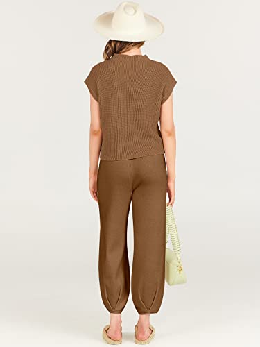ANRABESS Women's Two Piece Outfits Sweater Sets Knit Pullover Tops and Casual Pants Tracksuit Matching Sets Loungewear 2023 Summer Fashion Clothes Sweat Suit 953qiankaqi-M Khaki White