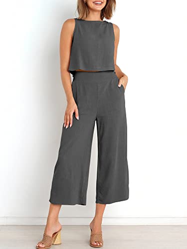 ANRABESS Women's Summer 2 Piece Outfits Sleeveless Tank Crop Button Back Top Cropped Wide Leg Pants Set Matching Lounge Set 2023 Summer Clothes 546heise-M