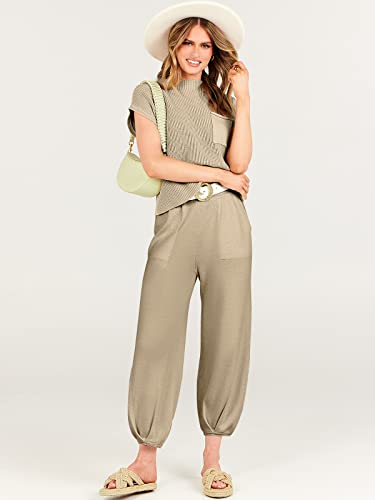ANRABESS Women's Two Piece Outfits Sweater Sets Knit Pullover Tops and Casual Pants Tracksuit Matching Sets Loungewear 2023 Summer Fashion Clothes Sweat Suit 953qiankaqi-M Khaki White