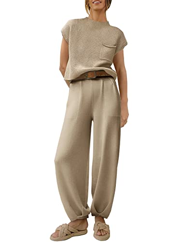 ANRABESS Women's Two Piece Outfits Sweater Sets Knit Pullover Tops and Casual Pants Tracksuit Matching Sets Loungewear 2023 Summer Fashion Clothes Sweat Suit 953qiankaqi-M Khaki White