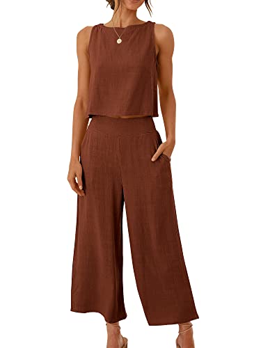 ANRABESS Women's Summer 2 Piece Outfits Sleeveless Tank Crop Button Back Top Cropped Wide Leg Pants Set Matching Lounge Set 2023 Summer Clothes 546heise-M
