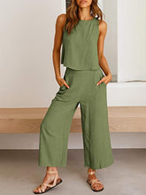 ANRABESS Women's Summer 2 Piece Outfits Sleeveless Tank Crop Button Back Top Cropped Wide Leg Pants Set Pockets