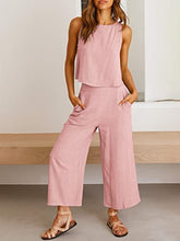 ANRABESS Women's Summer 2 Piece Outfits Sleeveless Tank Crop Button Back Top Cropped Wide Leg Pants Set Pockets