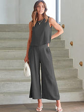 ANRABESS Women's Summer 2 Piece Outfits Sleeveless Tank Crop Button Back Top Cropped Wide Leg Pants Set Pockets