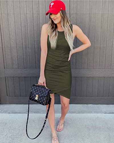 BTFBM Women Casual Dress Crew Neck Ruched Summer Sleeveless Tank Bodycon Shirt Short Mini Dresses (106Black, Medium)