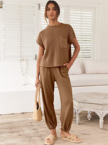 ANRABESS Women's Two Piece Outfits Sweater Sets Knit Pullover Tops and Casual Pants Tracksuit Matching Sets Loungewear 2023 Summer Fashion Clothes Sweat Suit 953qiankaqi-M Khaki White
