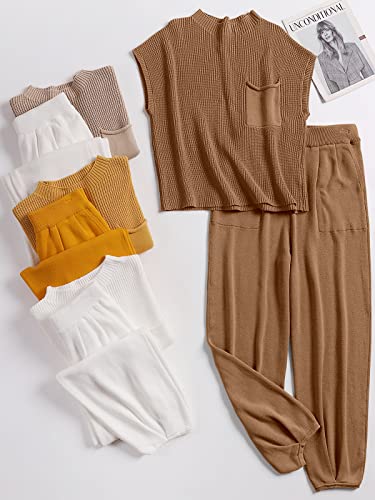 ANRABESS Women's Two Piece Outfits Sweater Sets Knit Pullover Tops and Casual Pants Tracksuit Matching Sets Loungewear 2023 Summer Fashion Clothes Sweat Suit 953qiankaqi-M Khaki White