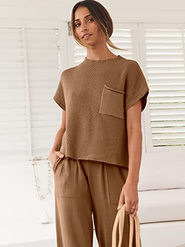 ANRABESS Women's Two Piece Outfits Sweater Sets Knit Pullover Tops and Casual Pants Tracksuit Matching Sets Loungewear 2023 Summer Fashion Clothes Sweat Suit 953qiankaqi-M Khaki White