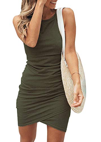 BTFBM Women Casual Dress Crew Neck Ruched Summer Sleeveless Tank Bodycon Shirt Short Mini Dresses (106Black, Medium)