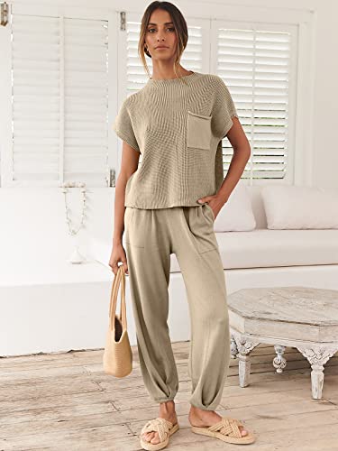 ANRABESS Women's Two Piece Outfits Sweater Sets Knit Pullover Tops and Casual Pants Tracksuit Matching Sets Loungewear 2023 Summer Fashion Clothes Sweat Suit 953qiankaqi-M Khaki White