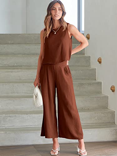 ANRABESS Women's Summer 2 Piece Outfits Sleeveless Tank Crop Button Back Top Cropped Wide Leg Pants Set Matching Lounge Set 2023 Summer Clothes 546heise-M