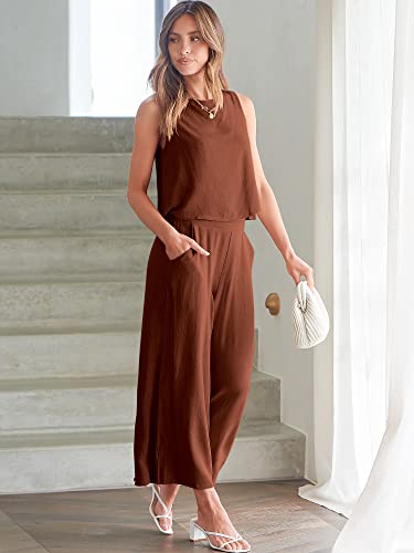 ANRABESS Women's Summer 2 Piece Outfits Sleeveless Tank Crop Button Back Top Cropped Wide Leg Pants Set Matching Lounge Set 2023 Summer Clothes 546heise-M
