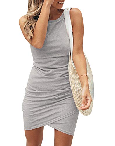 BTFBM Women Casual Dress Crew Neck Ruched Summer Sleeveless Tank Bodycon Shirt Short Mini Dresses (106Black, Medium)