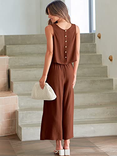ANRABESS Women's Summer 2 Piece Outfits Sleeveless Tank Crop Button Back Top Cropped Wide Leg Pants Set Matching Lounge Set 2023 Summer Clothes 546heise-M