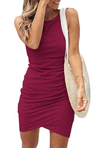 BTFBM Women Casual Dress Crew Neck Ruched Summer Sleeveless Tank Bodycon Shirt Short Mini Dresses (106Black, Medium)