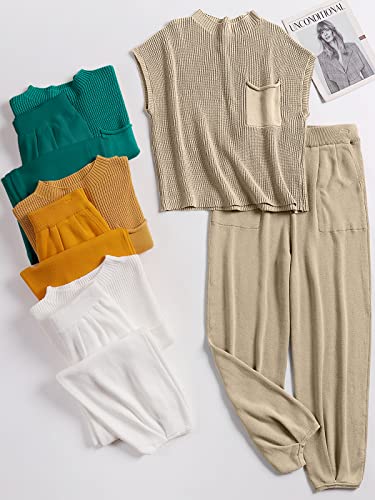 ANRABESS Women's Two Piece Outfits Sweater Sets Knit Pullover Tops and Casual Pants Tracksuit Matching Sets Loungewear 2023 Summer Fashion Clothes Sweat Suit 953qiankaqi-M Khaki White