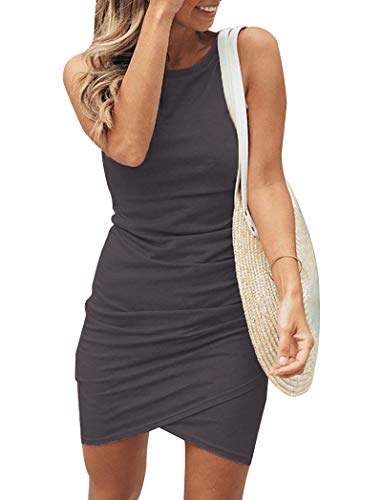 BTFBM Women Casual Dress Crew Neck Ruched Summer Sleeveless Tank Bodycon Shirt Short Mini Dresses (106Black, Medium)