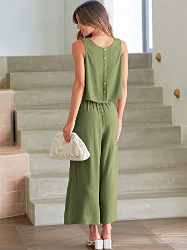 ANRABESS Women's Summer 2 Piece Outfits Sleeveless Tank Crop Button Back Top Cropped Wide Leg Pants Set Matching Lounge Set 2023 Summer Clothes 546heise-M