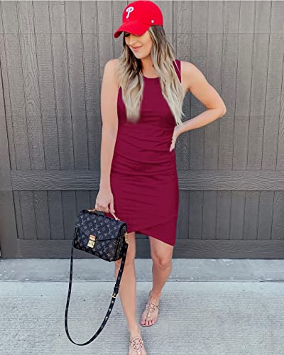 BTFBM Women Casual Dress Crew Neck Ruched Summer Sleeveless Tank Bodycon Shirt Short Mini Dresses (106Black, Medium)