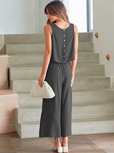 ANRABESS Women's Summer 2 Piece Outfits Sleeveless Tank Crop Button Back Top Cropped Wide Leg Pants Set Matching Lounge Set 2023 Summer Clothes 546heise-M