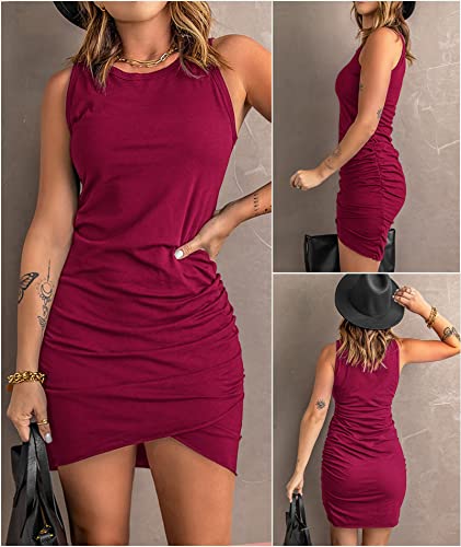 BTFBM Women Casual Dress Crew Neck Ruched Summer Sleeveless Tank Bodycon Shirt Short Mini Dresses (106Black, Medium)