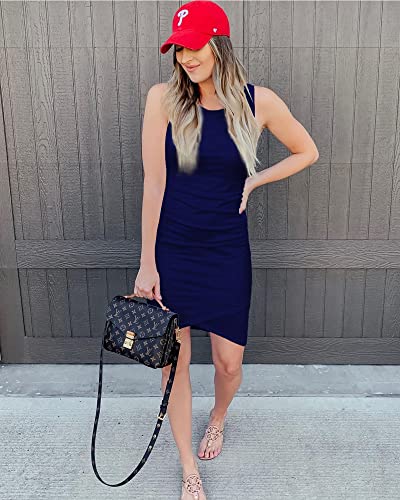 BTFBM Women Casual Dress Crew Neck Ruched Summer Sleeveless Tank Bodycon Shirt Short Mini Dresses (106Black, Medium)