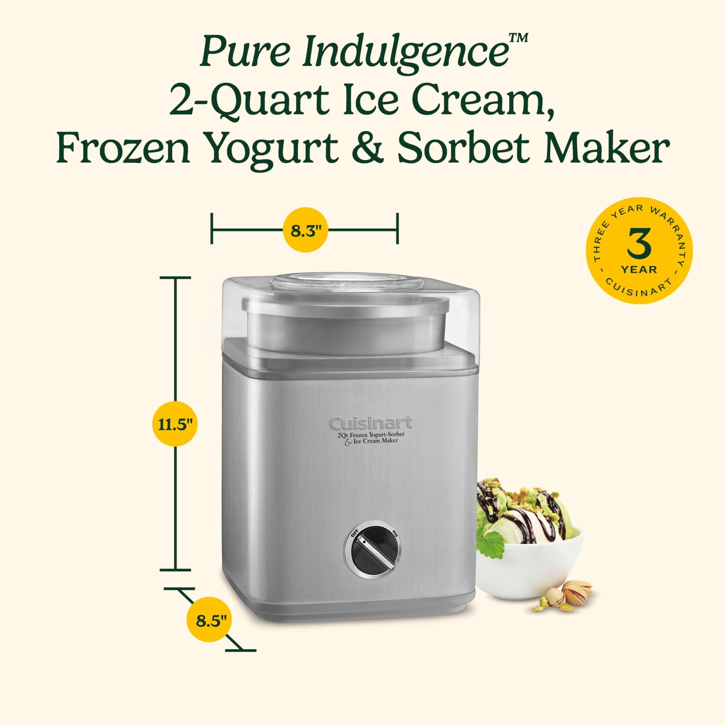 Cuisinart Ice Cream Maker Machine, 2-Quart Ice Cream, Sorbet and Frozen Yogurt Machine