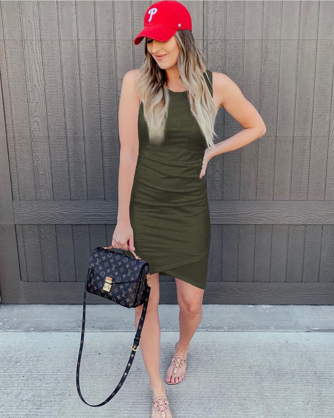 BTFBM Women Casual Dress Crew Neck Ruched Summer Sleeveless Tank Bodycon Shirt Short Mini Dresses (106Black, Medium)