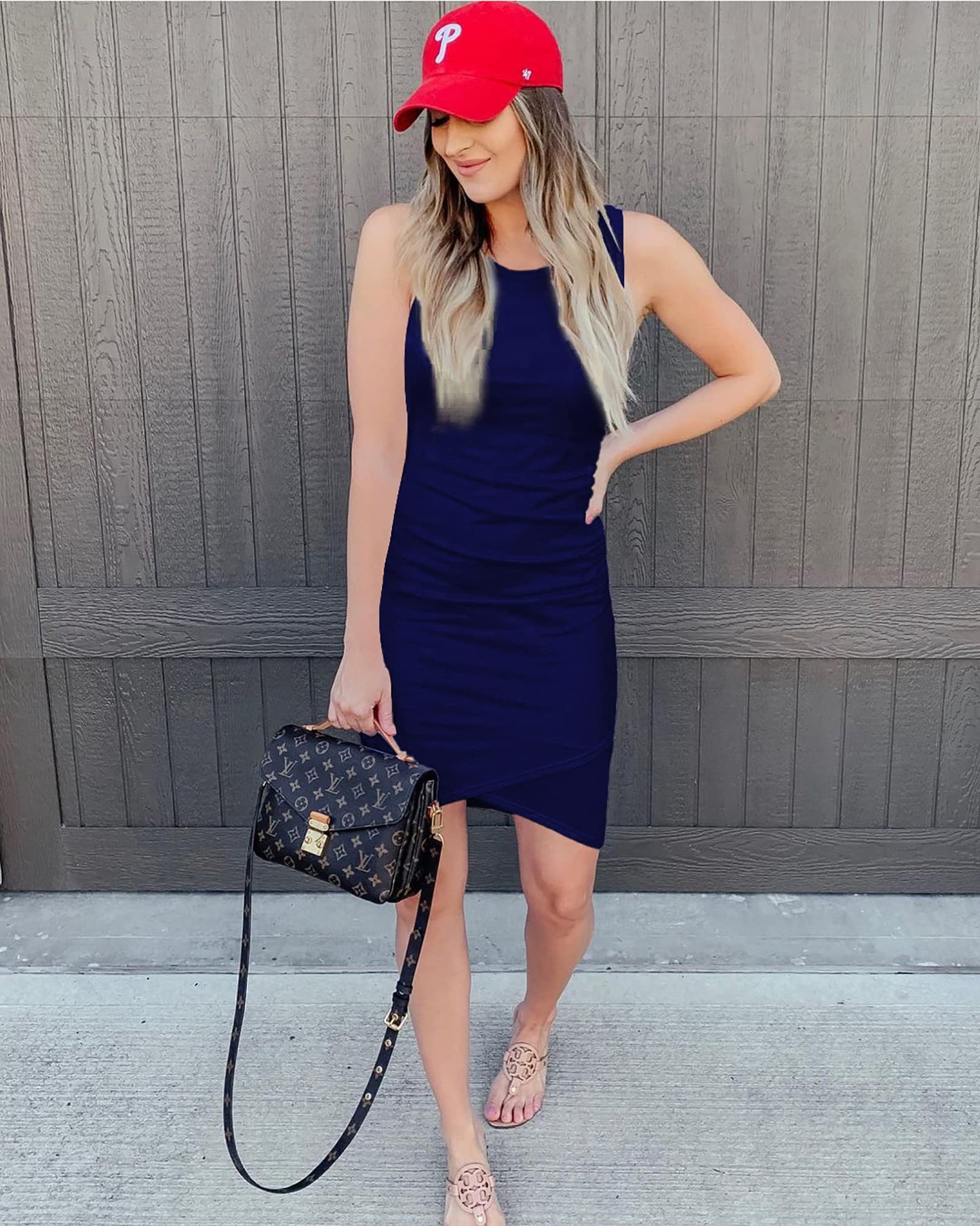 BTFBM Women Casual Dress Crew Neck Ruched Summer Sleeveless Tank Bodycon Shirt Short Mini Dresses (106Black, Medium)