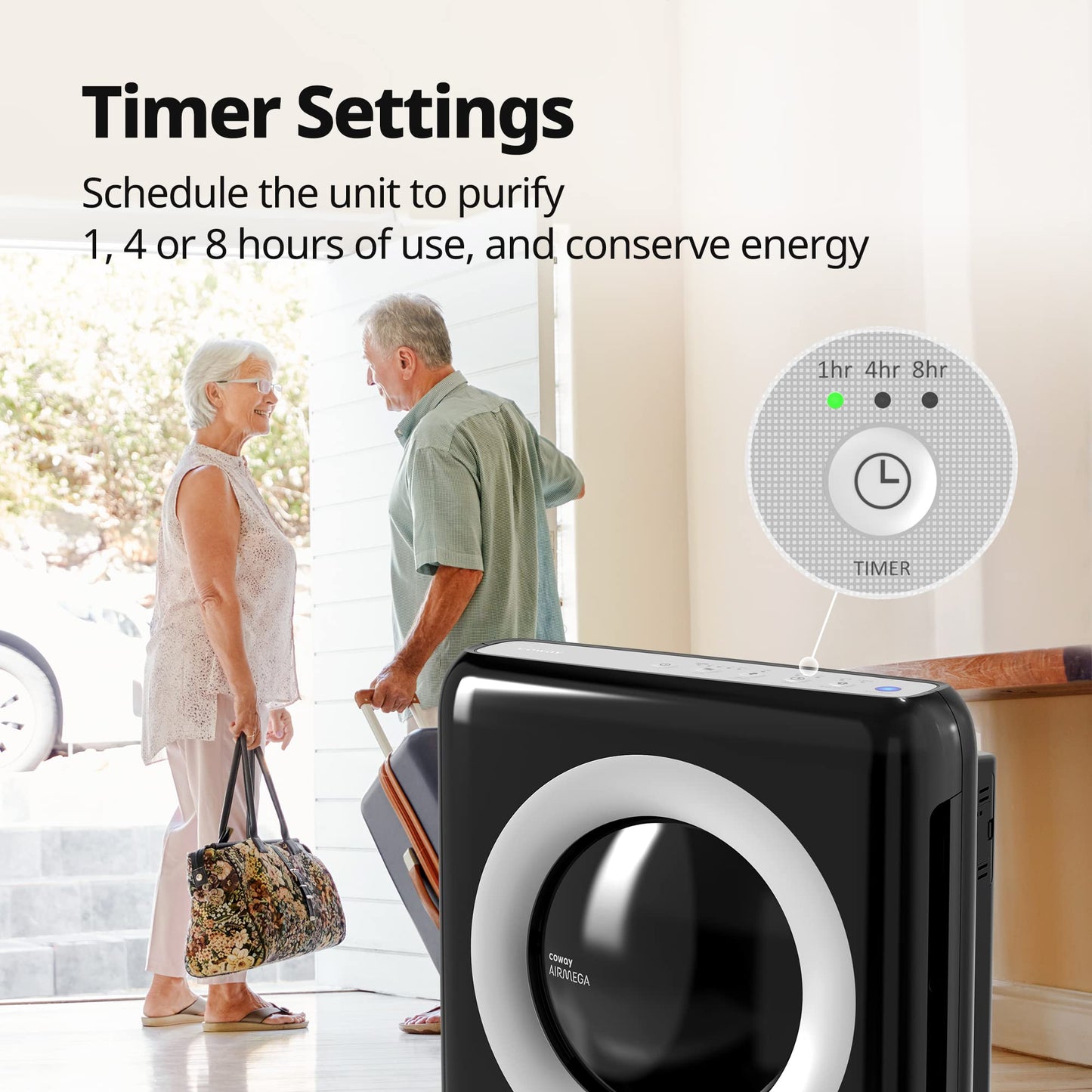 Coway Airmega AP-1512HH(W) True HEPA Purifier with Air Quality Monitoring, Auto, Timer,