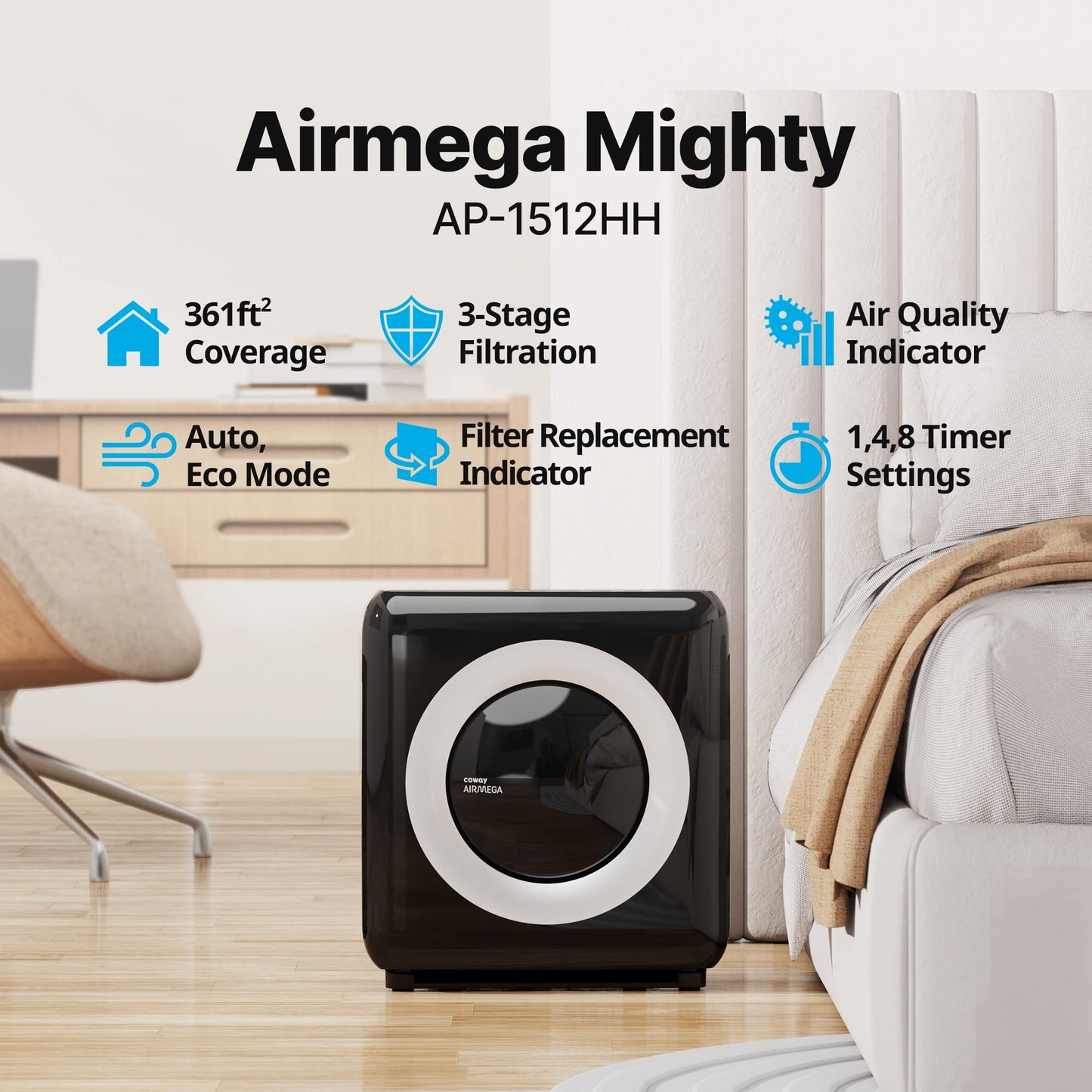 Coway Airmega AP-1512HH(W) True HEPA Purifier with Air Quality Monitoring, Auto, Timer,