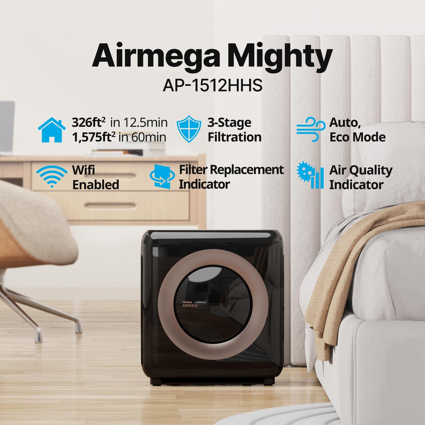 Coway Airmega AP-1512HH(W) True HEPA Purifier with Air Quality Monitoring, Auto, Timer,