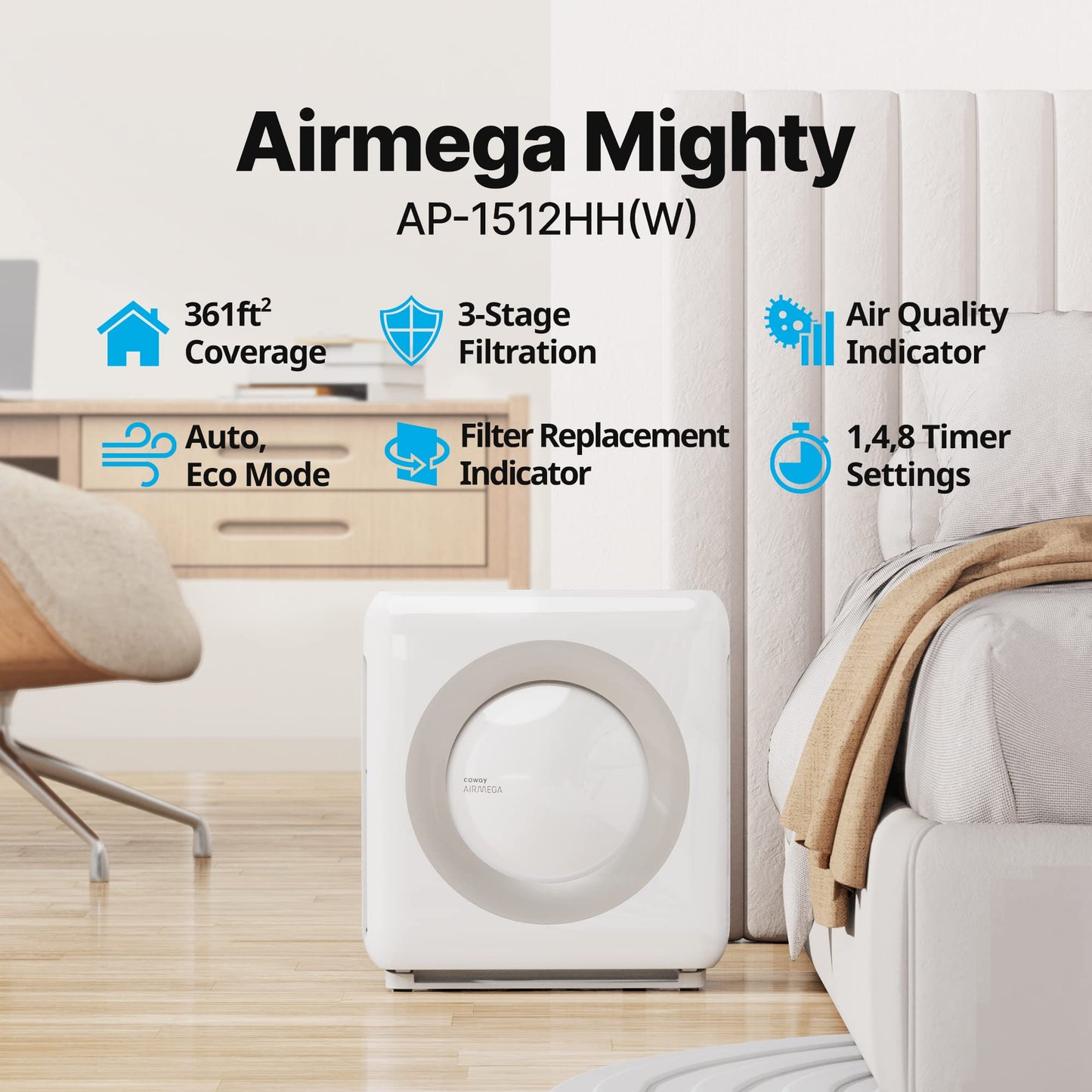 Coway Airmega AP-1512HH(W) True HEPA Purifier with Air Quality Monitoring, Auto, Timer,