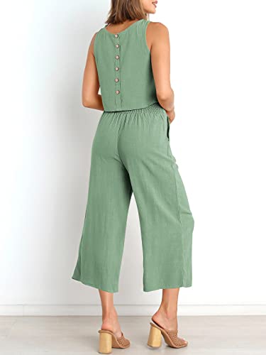 ANRABESS Women's Summer 2 Piece Outfits Sleeveless Tank Crop Button Back Top Cropped Wide Leg Pants Set Matching Lounge Set 2023 Summer Clothes 546heise-M