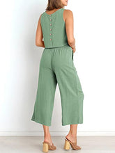 ANRABESS Women's Summer 2 Piece Outfits Sleeveless Tank Crop Button Back Top Cropped Wide Leg Pants Set Pockets