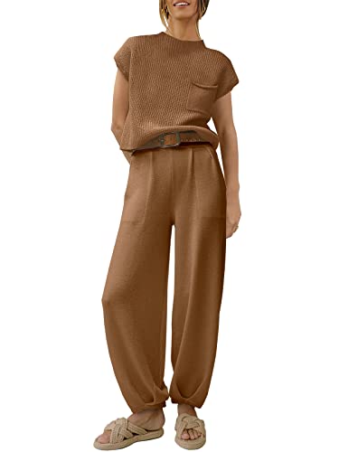 ANRABESS Women's Two Piece Outfits Sweater Sets Knit Pullover Tops and Casual Pants Tracksuit Matching Sets Loungewear 2023 Summer Fashion Clothes Sweat Suit 953qiankaqi-M Khaki White