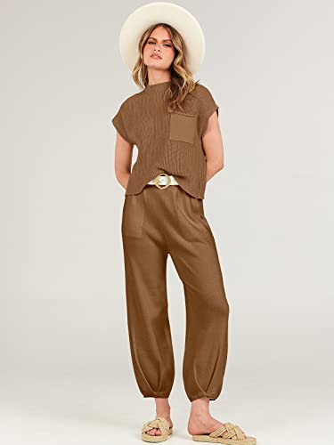 ANRABESS Women's Two Piece Outfits Sweater Sets Knit Pullover Tops and Casual Pants Tracksuit Matching Sets Loungewear 2023 Summer Fashion Clothes Sweat Suit 953qiankaqi-M Khaki White