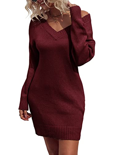 Zonsaoja Women Sweater Dress V Neck Long Sleeve Oversized Knitted Winter Dresses Apricot S