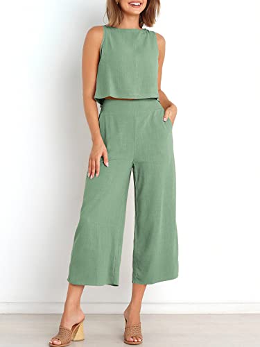 ANRABESS Women's Summer 2 Piece Outfits Sleeveless Tank Crop Button Back Top Cropped Wide Leg Pants Set Matching Lounge Set 2023 Summer Clothes 546heise-M
