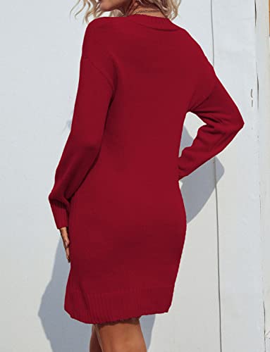 Zonsaoja Women Sweater Dress V Neck Long Sleeve Oversized Knitted Winter Dresses Apricot S