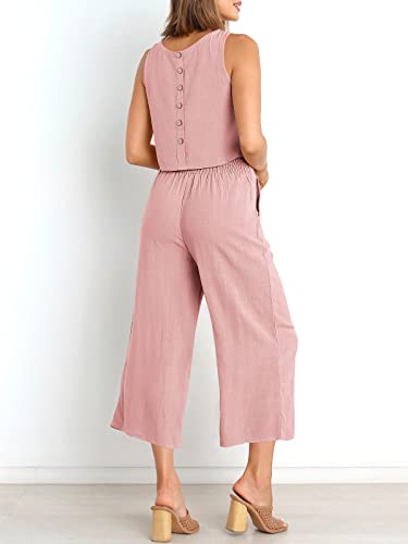 ANRABESS Women's Summer 2 Piece Outfits Sleeveless Tank Crop Button Back Top Cropped Wide Leg Pants Set Matching Lounge Set 2023 Summer Clothes 546heise-M