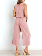 ANRABESS Women's Summer 2 Piece Outfits Sleeveless Tank Crop Button Back Top Cropped Wide Leg Pants Set Pockets