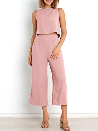 ANRABESS Women's Summer 2 Piece Outfits Sleeveless Tank Crop Button Back Top Cropped Wide Leg Pants Set Matching Lounge Set 2023 Summer Clothes 546heise-M