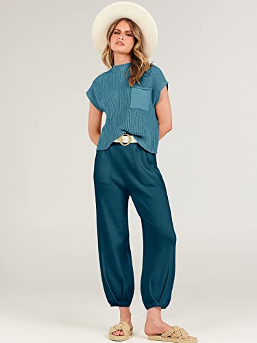 ANRABESS Women's Two Piece Outfits Sweater Sets Knit Pullover Tops and Casual Pants Tracksuit Matching Sets Loungewear 2023 Summer Fashion Clothes Sweat Suit 953qiankaqi-M Khaki White