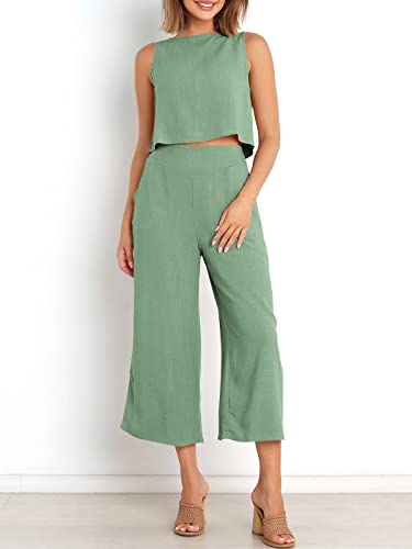 ANRABESS Women's Summer 2 Piece Outfits Sleeveless Tank Crop Button Back Top Cropped Wide Leg Pants Set Matching Lounge Set 2023 Summer Clothes 546heise-M