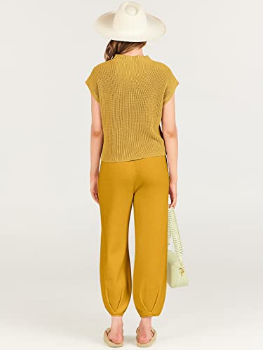 ANRABESS Women's Two Piece Outfits Sweater Sets Knit Pullover Tops and Casual Pants Tracksuit Matching Sets Loungewear 2023 Summer Fashion Clothes Sweat Suit 953qiankaqi-M Khaki White